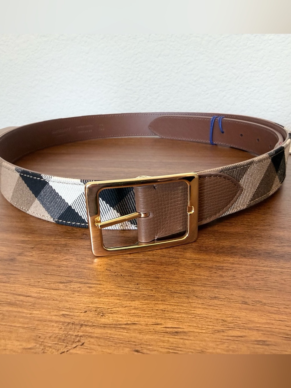 Burberry Brown Plaid Canvas Belt with Gold Buckle